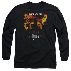AN OFFCIALLY LICENSED AMITYVILLE HORROR GET OUT MEN'S LONG SLEEVE T-SHIRT BLACK