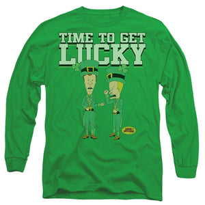 AN OFFCIALLY LICENSED BEAVIS AND BUTTHEAD ST. PATRICK'S DAY GETTING LUCKY MEN'S LONG SLEEVE T-SHIRT KELLY GREEN