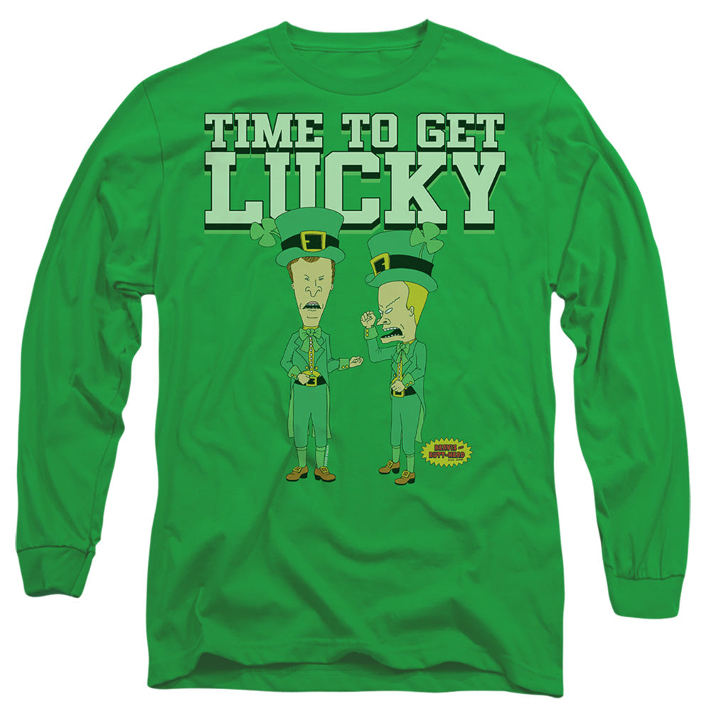 AN OFFCIALLY LICENSED BEAVIS AND BUTTHEAD ST. PATRICK'S DAY GETTING LUCKY MEN'S LONG SLEEVE T-SHIRT KELLY GREEN