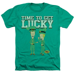 AN OFFCIALLY LICENSED BEAVIS AND BUTTHEAD ST. PATRICK'S DAY GETTING LUCKY MEN'S HEATHER T-SHIRT KELLY GREEN
