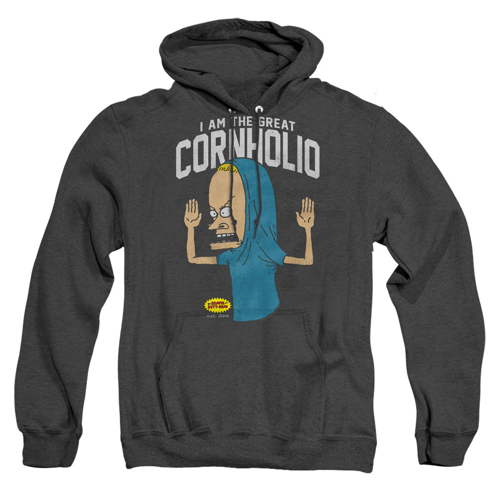 AN OFFCIALLY LICENSED BEAVIS AND BUTTHEAD CORNHOLIO ADULT UNISEX HEATHER PULLOVER HOODIE BLACK