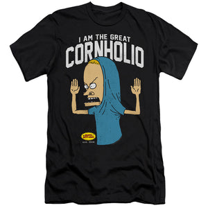 AN OFFCIALLY LICENSED BEAVIS AND BUTTHEAD CORNHOLIO MEN'S PREMIUM SLIM FIT T-SHIRT BLACK