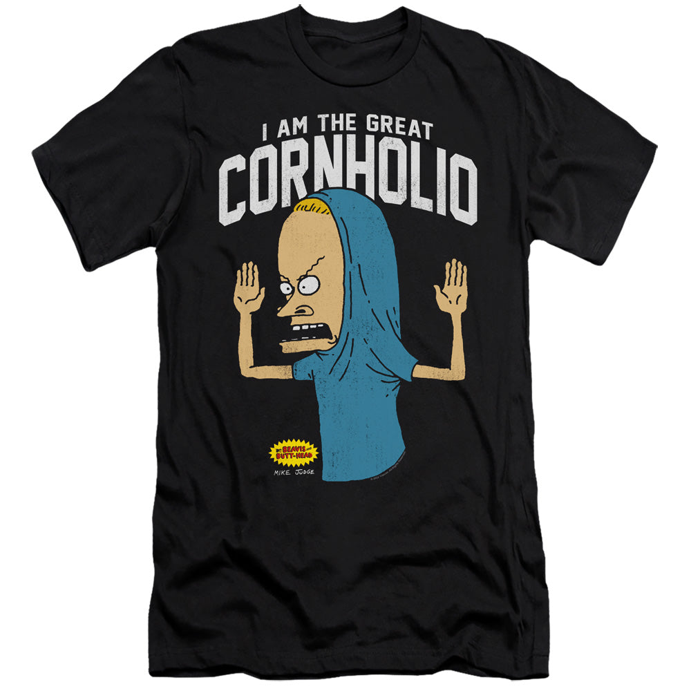 AN OFFCIALLY LICENSED BEAVIS AND BUTTHEAD CORNHOLIO MEN'S PREMIUM SLIM FIT T-SHIRT BLACK