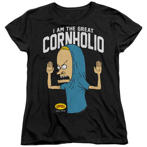 AN OFFCIALLY LICENSED BEAVIS AND BUTTHEAD CORNHOLIO WOMEN'S REGULAR FIT T-SHIRT BLACK
