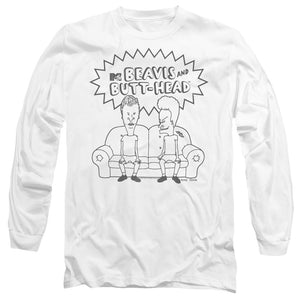 AN OFFCIALLY LICENSED BEAVIS AND BUTTHEAD COUCH LOGO MEN'S LONG SLEEVE T-SHIRT WHITE