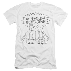 AN OFFCIALLY LICENSED BEAVIS AND BUTTHEAD COUCH LOGO MEN'S PREMIUM SLIM FIT T-SHIRT WHITE