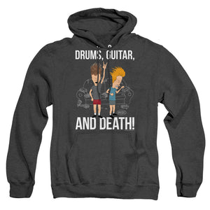 AN OFFCIALLY LICENSED BEAVIS AND BUTTHEAD DRUMS, GUITAR, AND DEATH ADULT UNISEX HEATHER PULLOVER HOODIE BLACK