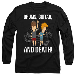 AN OFFCIALLY LICENSED BEAVIS AND BUTTHEAD DRUMS, GUITAR, AND DEATH MEN'S LONG SLEEVE T-SHIRT BLACK