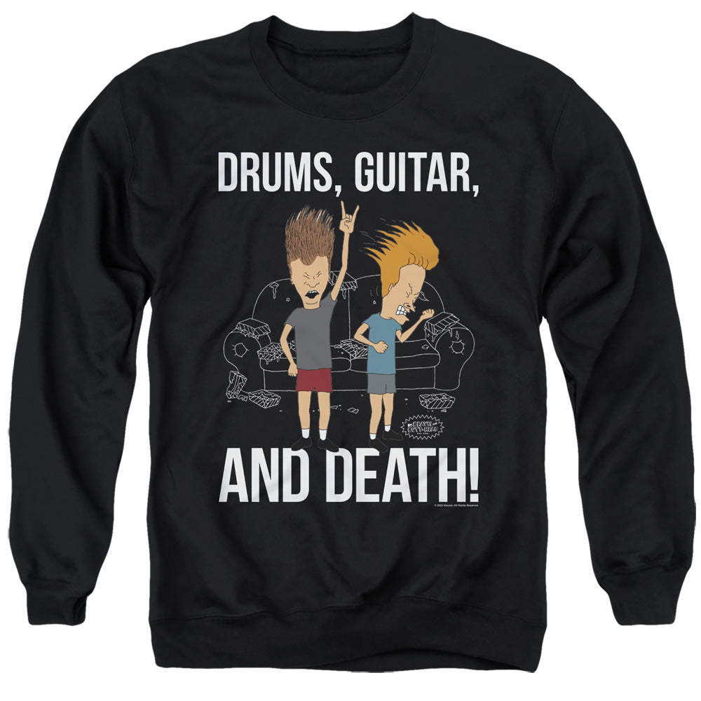 AN OFFCIALLY LICENSED BEAVIS AND BUTTHEAD DRUMS, GUITAR, AND DEATH ADULT UNISEX CREWNECK SWEATSHIRT BLACK