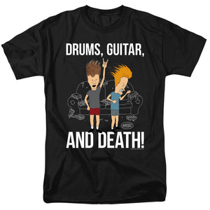 AN OFFCIALLY LICENSED BEAVIS AND BUTTHEAD DRUMS, GUITAR, AND DEATH MEN'S REGULAR FIT T-SHIRT BLACK