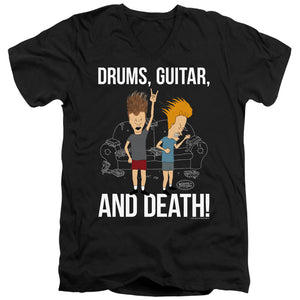 AN OFFCIALLY LICENSED BEAVIS AND BUTTHEAD DRUMS, GUITAR, AND DEATH MEN'S V-NECK T-SHIRT BLACK