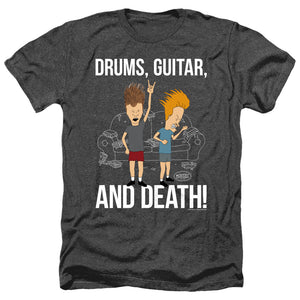 AN OFFCIALLY LICENSED BEAVIS AND BUTTHEAD DRUMS, GUITAR, AND DEATH MEN'S HEATHER T-SHIRT CHARCOAL
