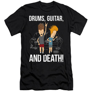 AN OFFCIALLY LICENSED BEAVIS AND BUTTHEAD DRUMS, GUITAR, AND DEATH MEN'S PREMIUM SLIM FIT T-SHIRT BLACK