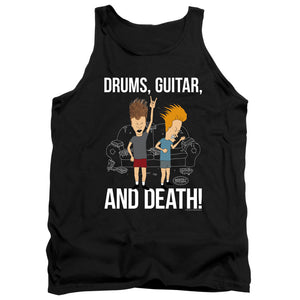 AN OFFCIALLY LICENSED BEAVIS AND BUTTHEAD DRUMS, GUITAR, AND DEATH ADULT UNISEX TANK TOP BLACK