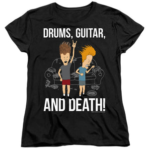 AN OFFCIALLY LICENSED BEAVIS AND BUTTHEAD DRUMS, GUITAR, AND DEATH WOMEN'S REGULAR FIT T-SHIRT BLACK