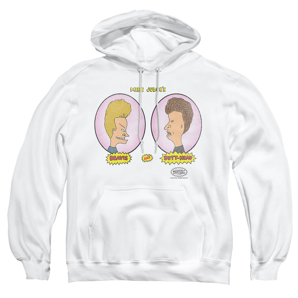 AN OFFCIALLY LICENSED BEAVIS AND BUTTHEAD HEADS IN OVALS ADULT UNISEX PULLOVER HOODIE WHITE