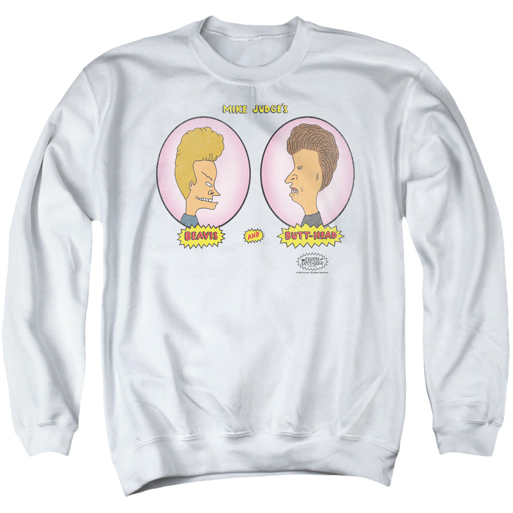 AN OFFCIALLY LICENSED BEAVIS AND BUTTHEAD HEADS IN OVALS ADULT UNISEX CREWNECK SWEATSHIRT WHITE