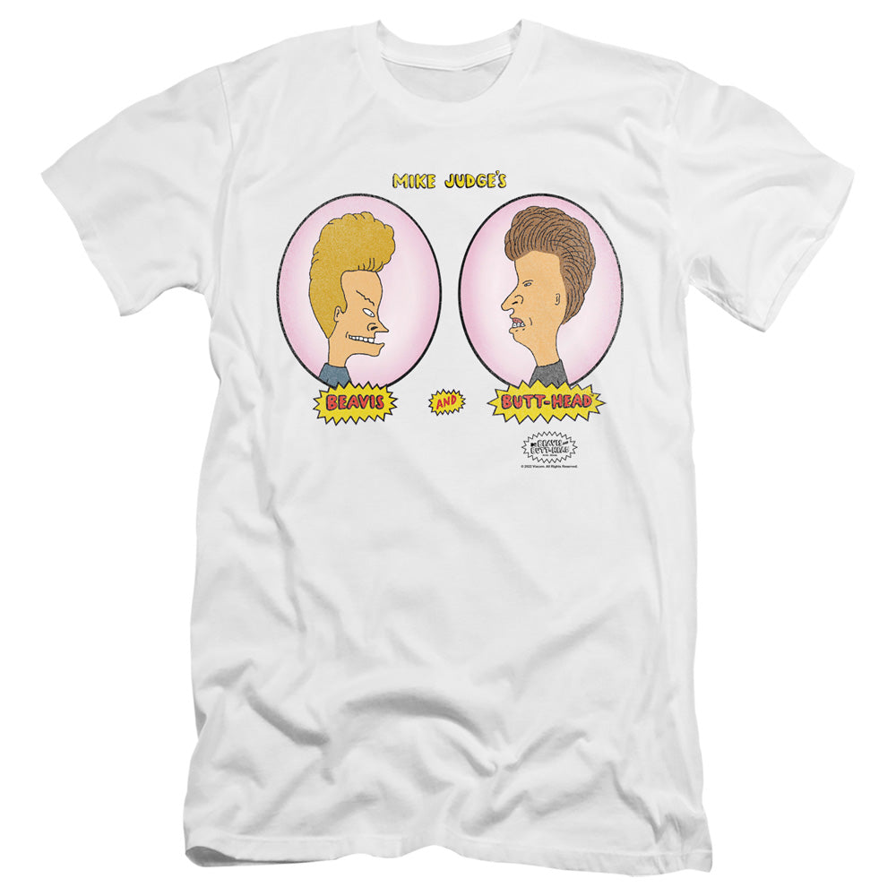 AN OFFCIALLY LICENSED BEAVIS AND BUTTHEAD HEADS IN OVALS MEN'S PREMIUM SLIM FIT T-SHIRT WHITE
