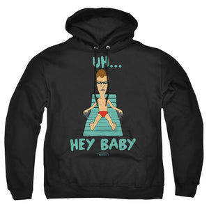 AN OFFCIALLY LICENSED BEAVIS AND BUTTHEAD UH HEY BABY ADULT UNISEX PULLOVER HOODIE BLACK