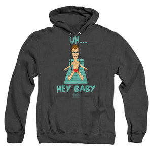 AN OFFCIALLY LICENSED BEAVIS AND BUTTHEAD UH HEY BABY ADULT UNISEX HEATHER PULLOVER HOODIE BLACK