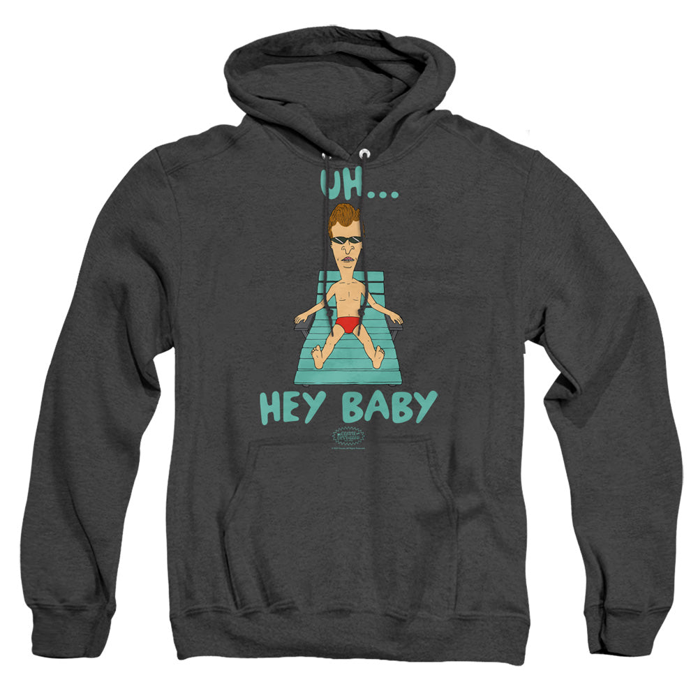 AN OFFCIALLY LICENSED BEAVIS AND BUTTHEAD UH HEY BABY ADULT UNISEX HEATHER PULLOVER HOODIE BLACK