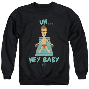 AN OFFCIALLY LICENSED BEAVIS AND BUTTHEAD UH HEY BABY ADULT UNISEX CREWNECK SWEATSHIRT BLACK