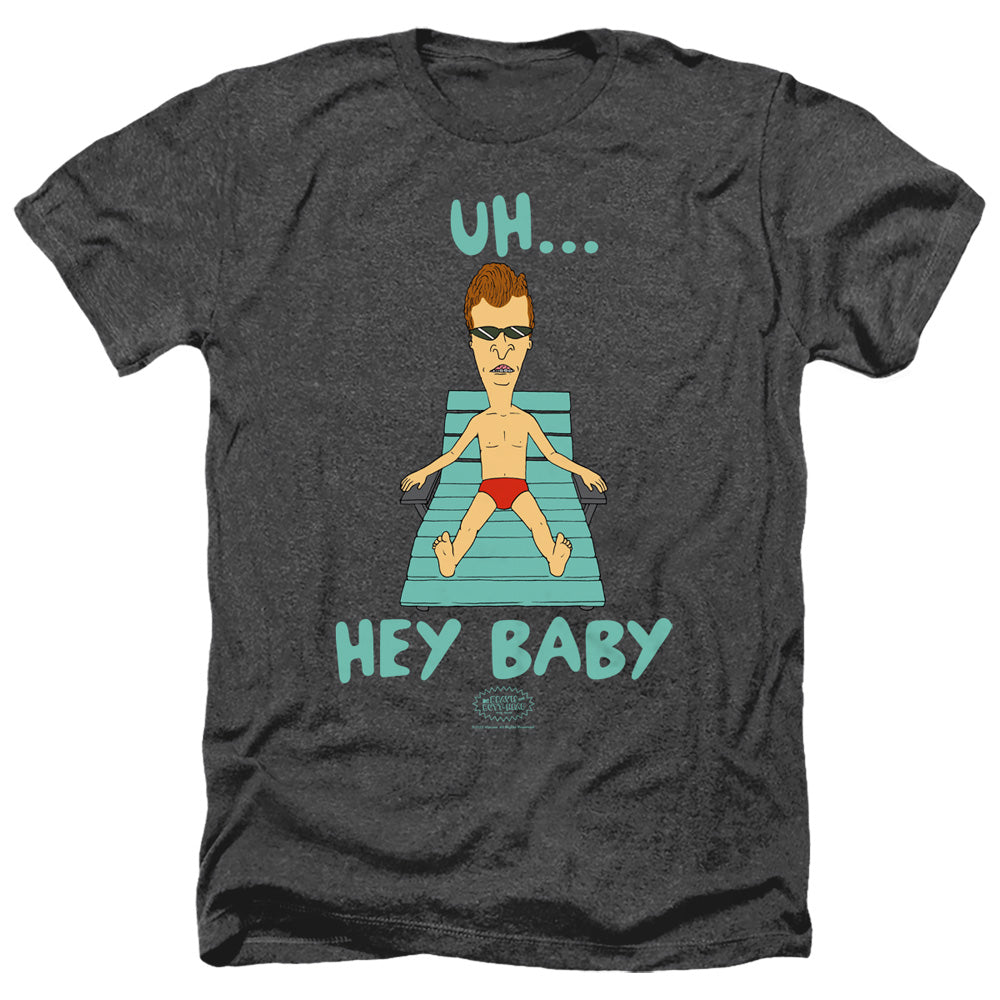 AN OFFCIALLY LICENSED BEAVIS AND BUTTHEAD UH HEY BABY MEN'S HEATHER T-SHIRT CHARCOAL