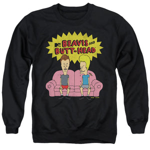 AN OFFCIALLY LICENSED BEAVIS AND BUTTHEAD COUCH LOGO OG ADULT UNISEX CREWNECK SWEATSHIRT BLACK