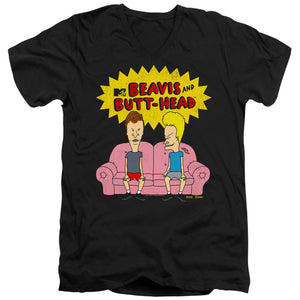 AN OFFCIALLY LICENSED BEAVIS AND BUTTHEAD COUCH LOGO OG MEN'S V-NECK T-SHIRT BLACK