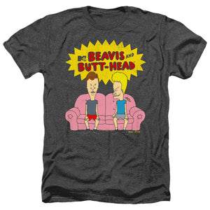 AN OFFCIALLY LICENSED BEAVIS AND BUTTHEAD COUCH LOGO OG MEN'S HEATHER T-SHIRT CHARCOAL