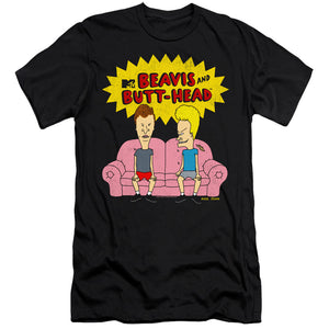 AN OFFCIALLY LICENSED BEAVIS AND BUTTHEAD COUCH LOGO OG MEN'S PREMIUM SLIM FIT T-SHIRT BLACK
