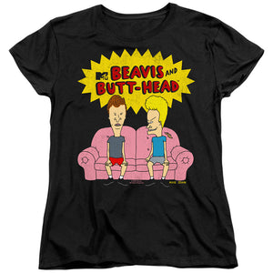 AN OFFCIALLY LICENSED BEAVIS AND BUTTHEAD COUCH LOGO OG WOMEN'S REGULAR FIT T-SHIRT BLACK