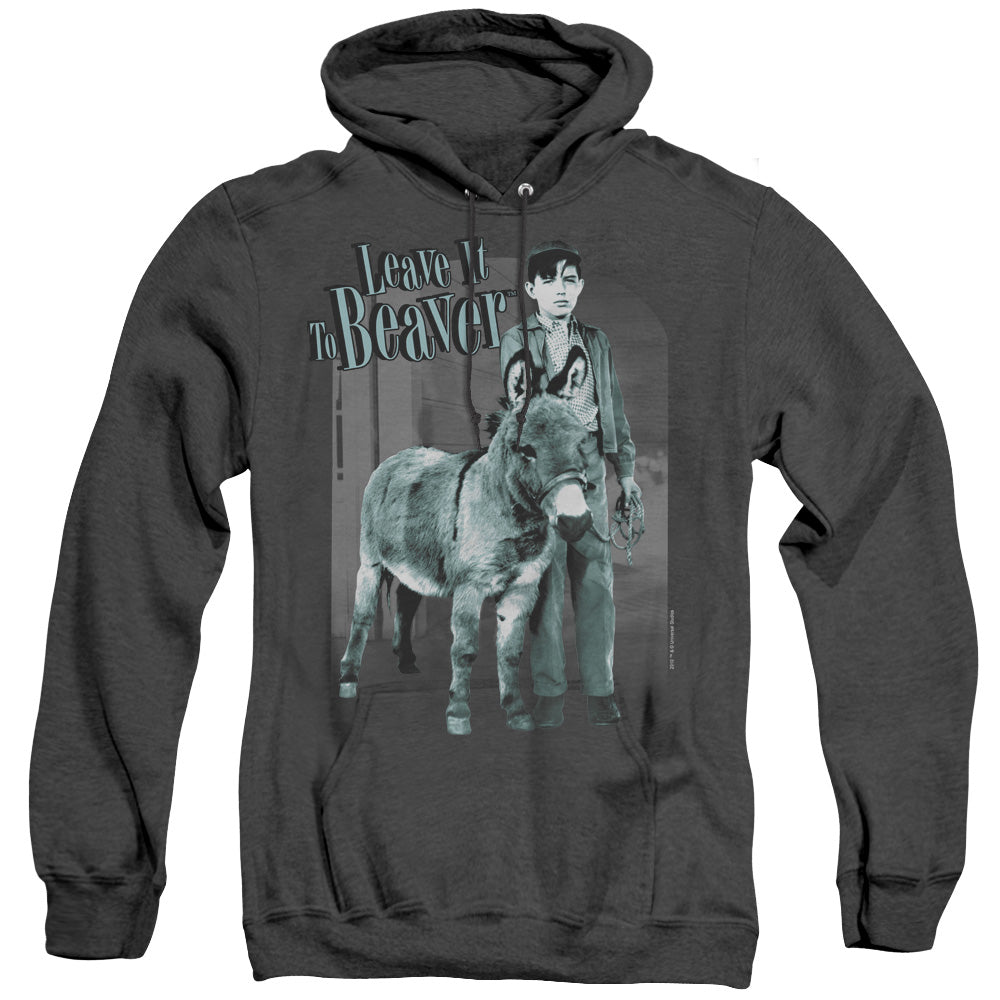 AN OFFCIALLY LICENSED LEAVE IT TO BEAVER UP TO SOMETHING ADULT UNISEX HEATHER PULLOVER HOODIE BLACK