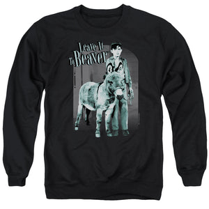 AN OFFCIALLY LICENSED LEAVE IT TO BEAVER UP TO SOMETHING ADULT UNISEX CREWNECK SWEATSHIRT BLACK