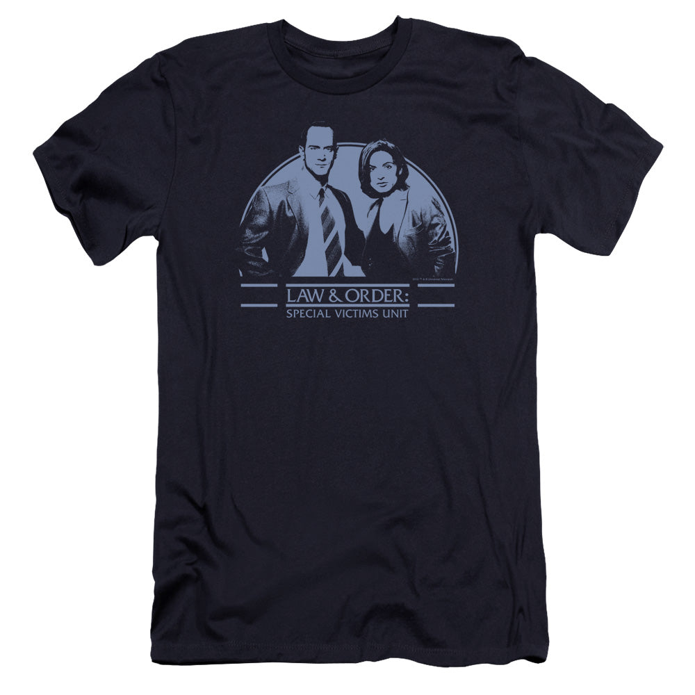 AN OFFCIALLY LICENSED LAW AND ORDER SVU ELLIOT&OLIVIA MEN'S PREMIUM SLIM FIT T-SHIRT NAVY