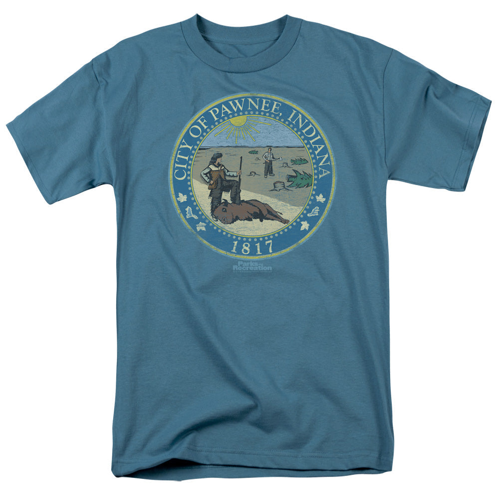 Parks And Rec Distressed Pawnee Seal Licensed Adult Unisex T-Shirt SM-3X