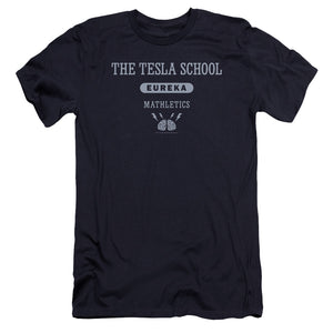 AN OFFCIALLY LICENSED EUREKA TESLA SCHOOL MEN'S PREMIUM SLIM FIT T-SHIRT NAVY