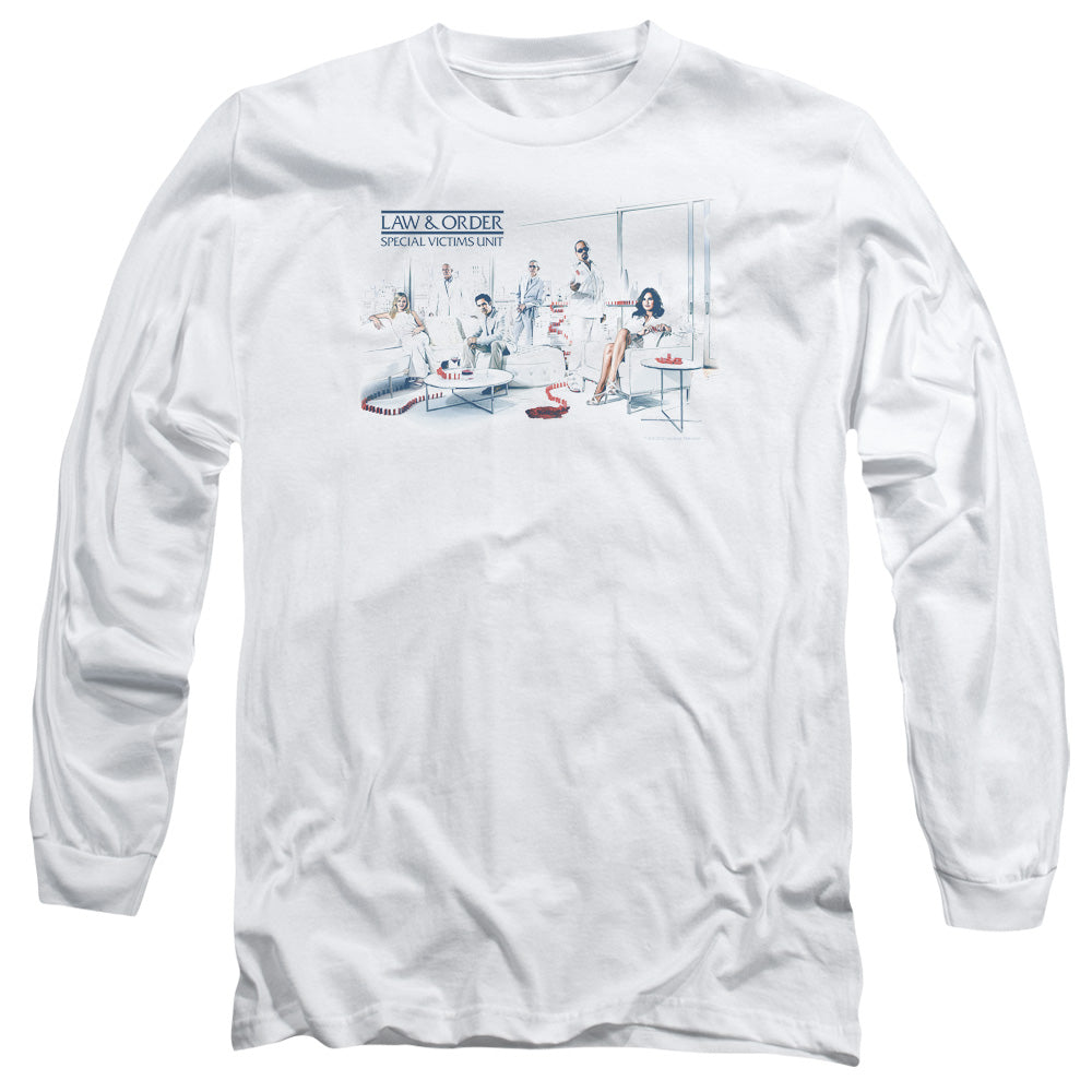 AN OFFCIALLY LICENSED LAW AND ORDER SVU DOMINOS MEN'S LONG SLEEVE T-SHIRT WHITE