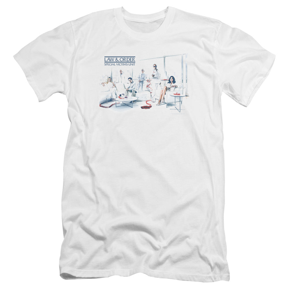AN OFFCIALLY LICENSED LAW AND ORDER SVU DOMINOS MEN'S PREMIUM SLIM FIT T-SHIRT WHITE
