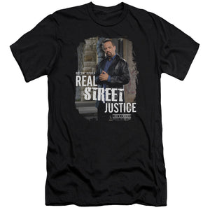 AN OFFCIALLY LICENSED LAW AND ORDER SVU STREET JUSTICE MEN'S PREMIUM SLIM FIT T-SHIRT BLACK