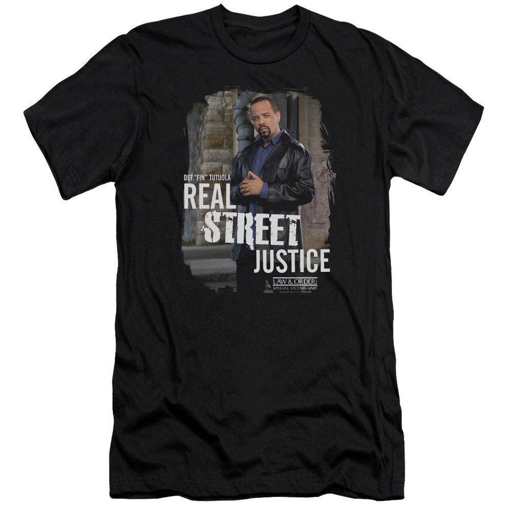 AN OFFCIALLY LICENSED LAW AND ORDER SVU STREET JUSTICE MEN'S PREMIUM SLIM FIT T-SHIRT BLACK
