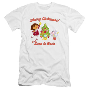 AN OFFCIALLY LICENSED DORA THE EXPLORER HAPPY HOLIDAYS FROM DORA AND BOOTS MEN'S PREMIUM SLIM FIT T-SHIRT WHITE