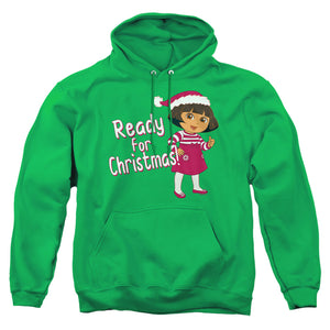AN OFFCIALLY LICENSED DORA THE EXPLORER DORA READY FOR THE HOLIDAYS ADULT UNISEX PULLOVER HOODIE KELLY GREEN