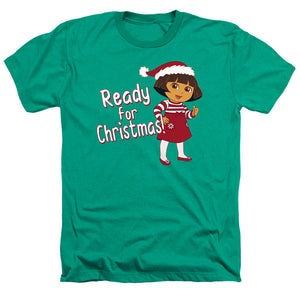 AN OFFCIALLY LICENSED DORA THE EXPLORER DORA READY FOR THE HOLIDAYS MEN'S HEATHER T-SHIRT KELLY GREEN