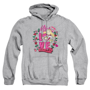 AN OFFCIALLY LICENSED HEY ARNOLD VALENTINE'S DAY HELGA, I HATE YOU, BUT LOVE YOU ADULT UNISEX PULLOVER HOODIE ATHLETIC HEATHER