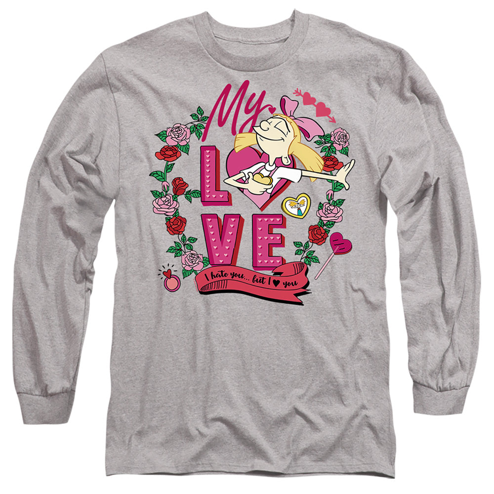 AN OFFCIALLY LICENSED HEY ARNOLD VALENTINE'S DAY HELGA, I HATE YOU, BUT LOVE YOU MEN'S LONG SLEEVE T-SHIRT ATHLETIC HEATHER