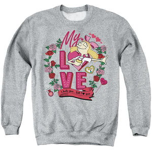 AN OFFCIALLY LICENSED HEY ARNOLD VALENTINE'S DAY HELGA, I HATE YOU, BUT LOVE YOU ADULT UNISEX CREWNECK SWEATSHIRT ATHLETIC HEATHER