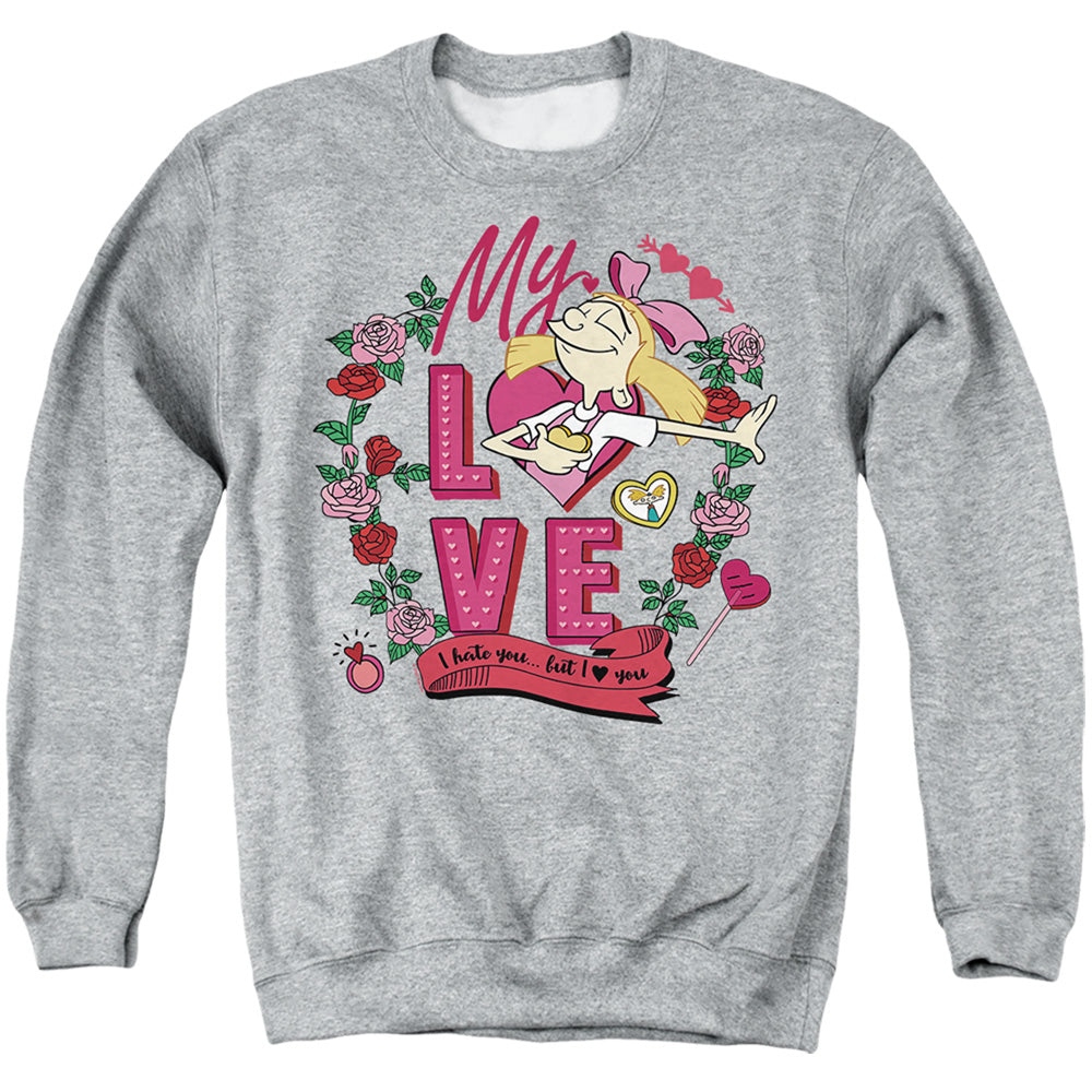 AN OFFCIALLY LICENSED HEY ARNOLD VALENTINE'S DAY HELGA, I HATE YOU, BUT LOVE YOU ADULT UNISEX CREWNECK SWEATSHIRT ATHLETIC HEATHER