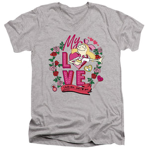 AN OFFCIALLY LICENSED HEY ARNOLD VALENTINE'S DAY HELGA, I HATE YOU, BUT LOVE YOU MEN'S V-NECK T-SHIRT ATHLETIC HEATHER