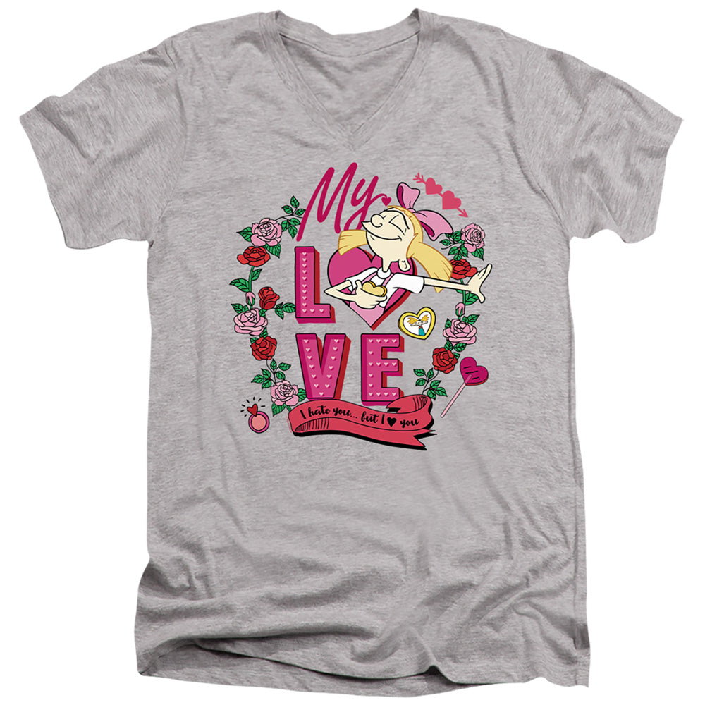 AN OFFCIALLY LICENSED HEY ARNOLD VALENTINE'S DAY HELGA, I HATE YOU, BUT LOVE YOU MEN'S V-NECK T-SHIRT ATHLETIC HEATHER